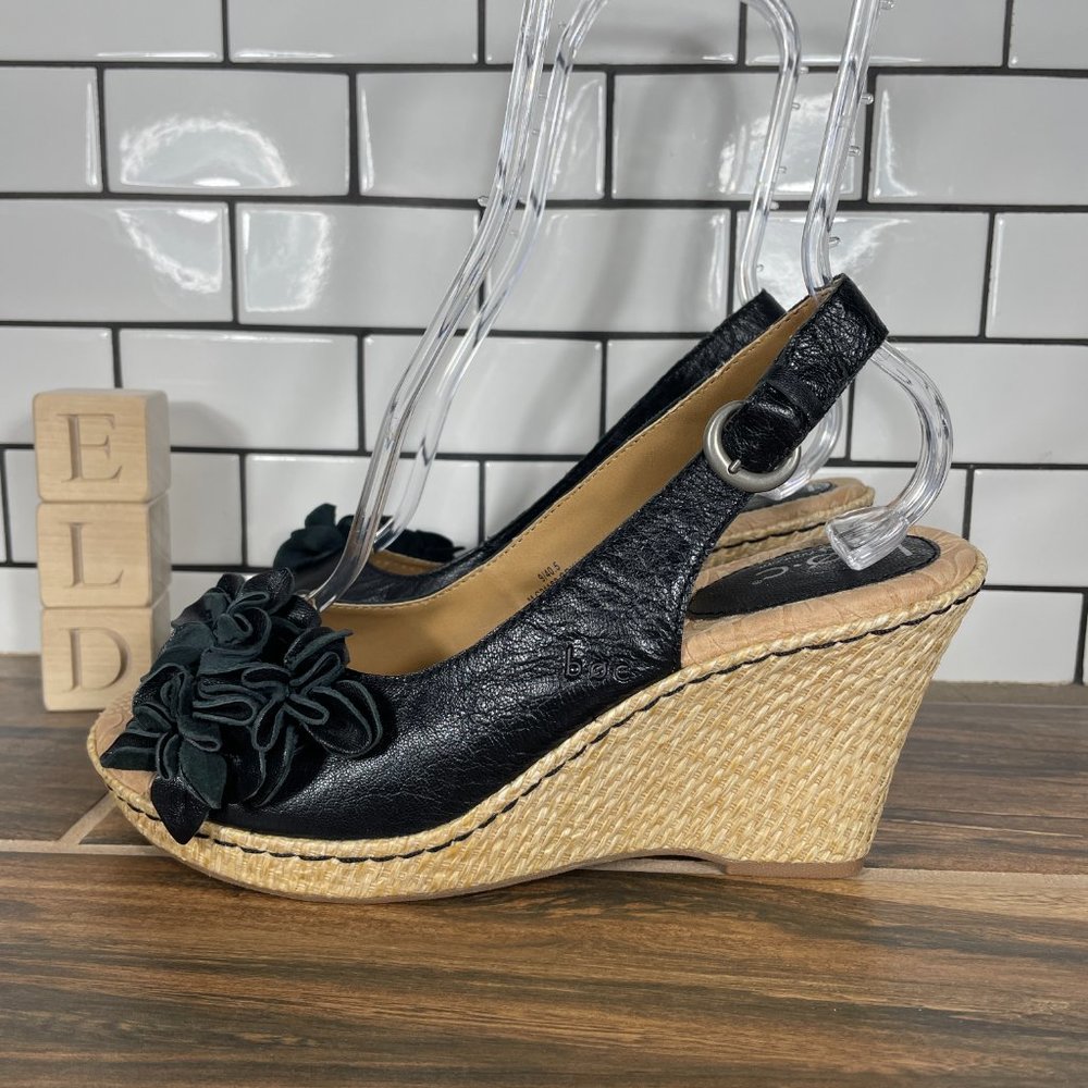 Born BOC Womens Sz 9 Shoes Black Leather Floral Peep Toe Slingback Wedge Sandal